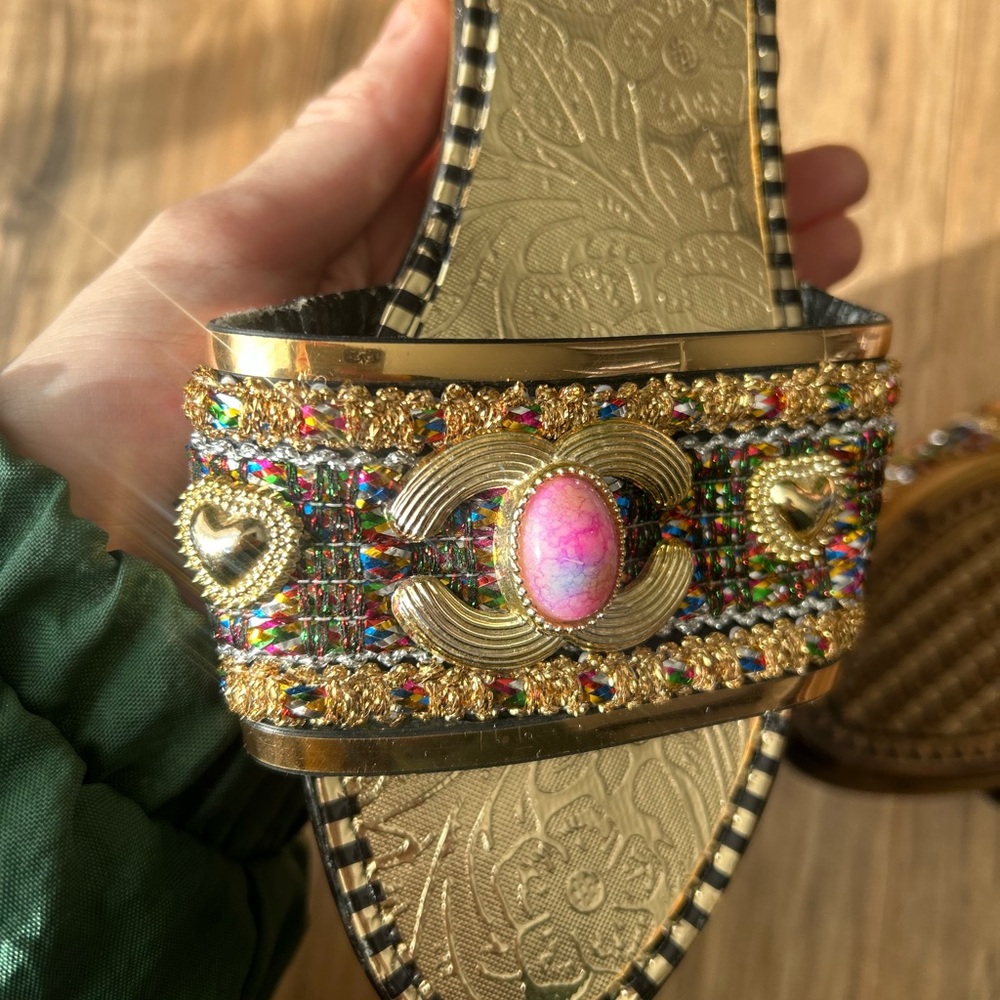 Pollini Gold Multicolor Beaded Slide with Pink Cabochon